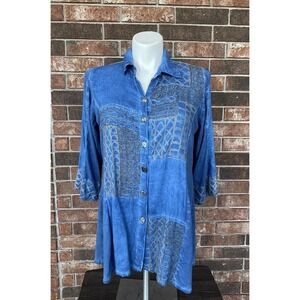 Parsley & Sage Womens Sz XL Art to Wear Embroidered Shirt Top Blue Button Up